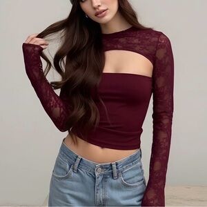 Elegant Burgundy Lace Long Sleeve Top
